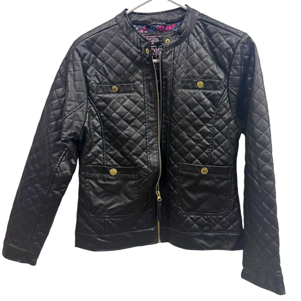 YMI Black Quilted Faux Leather Zip Up 4 Snap Pockets Jacket Coat Girls 14 Large